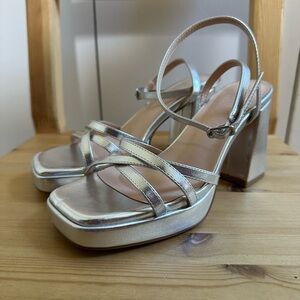 Silver Strappy Square Toe Platform Heels
